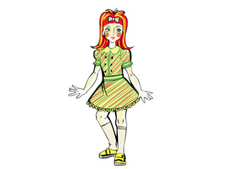 Red Haired Girl Cartoon in Green Yellow Dress and Shoes