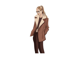 Stylish Woman Posing In Elegant Warm Clothing Illustration Art
