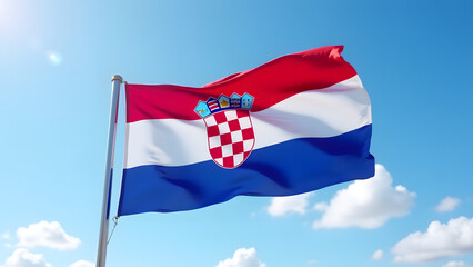 Naklejka premium Croatia's iconic checkerboard flag waving powerfully with red-white-blue stripes under clear sky. Ultra-detailed HD patriotic imagery.
