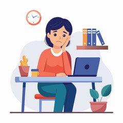 Bored woman sitting at desk. Tired sad office worker. Procrastination, burnout and boredom concept. Depressed upset exhausted lazy student. Flat vector illustration isolated on white background