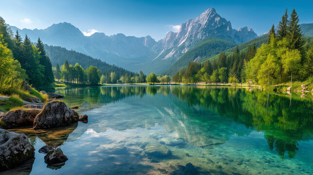 Colorful summer view of Fusine lake. Bright morning scene of Julian Alps with Mangart peak on background, Province of Udine, Italy, Europe. Traveling concept background