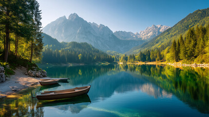 Colorful summer view of Fusine lake. Bright morning scene of Julian Alps with Mangart peak on background, Province of Udine, Italy, Europe. Traveling concept background