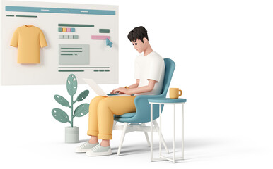 man with laptop on background of web page of online store