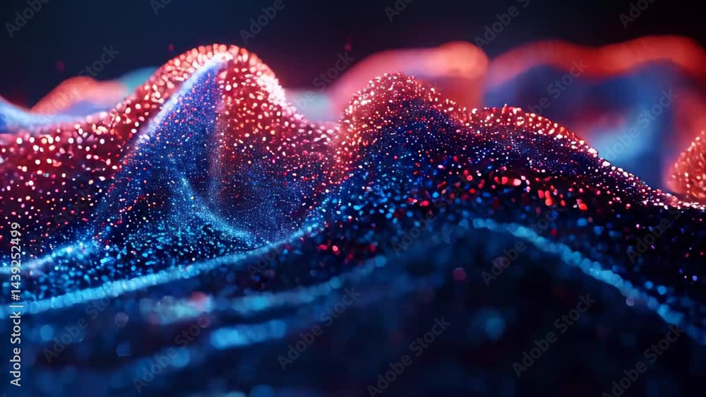 Poster colorful abstract waves of shimmering particles illuminating in a dark environment with a vibrant gl