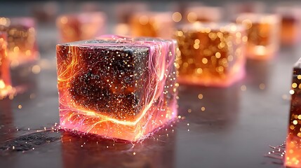 There are multiple glowing cubes, with glowing particles inside. The cubes seem to be emitting glowing particles that rest on a flat surface.