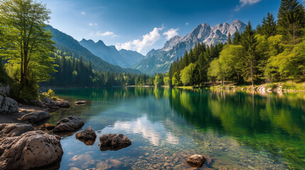Colorful summer view of Fusine lake. Bright morning scene of Julian Alps with Mangart peak on background, Province of Udine, Italy, Europe. Traveling concept background
