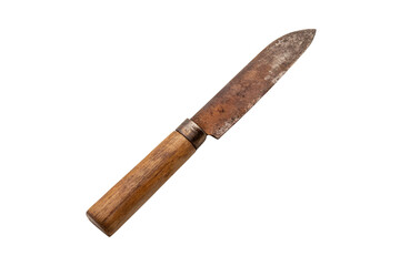 Heavily aged vintage kitchen knife with visible rust and a wooden handle transparent background