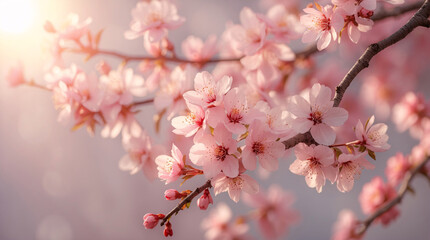 Fototapeta premium Blooming baby pink cherry blossom flower vines with soft petals under soft sunlight on warm pink pastel background for a peaceful vibe stock photo floral botanical wallpaper background