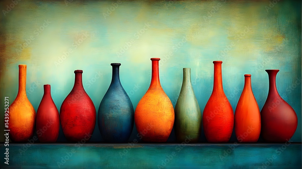 Poster vintage glassware display artistic showcase colorful bottles serene background abstract view chaotic