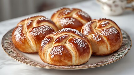 Swedish Cinnamon Buns Kanelbullar With Sugar Glaze, Placed On A Vintage Plate For Cozy Bakery A