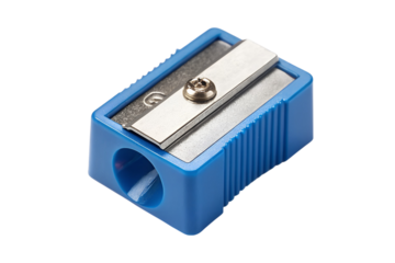 A close up view of a small blue pencil sharpener on gray background transparent background