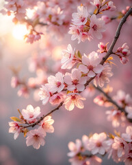 Fototapeta premium Delicate baby pink cherry blossom flower vines blooming with soft petals against warm pink pastel background under soft sunlight for beauty stock photo floral botanical wallpaper background