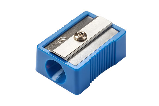A close up view of a small blue pencil sharpener on gray background transparent background