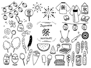 日本の夏祭りの手描きイラストセット(モノクロ線画)