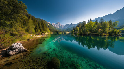 Colorful summer view of Fusine lake. Bright morning scene of Julian Alps with Mangart peak on background, Province of Udine, Italy, Europe. Traveling concept background