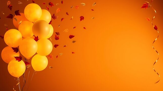 gold orange balloons autumn leaves orange background ribbons festive fall decor birthday day celebration copy space
