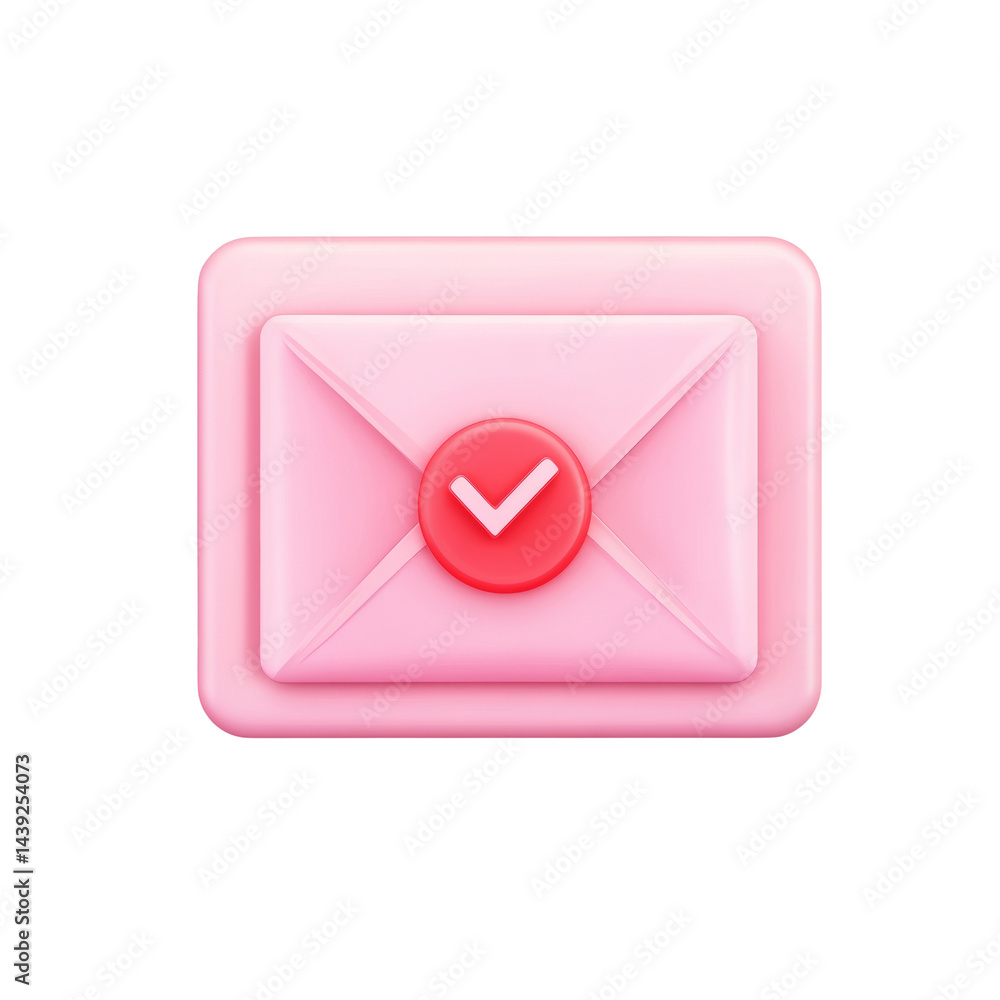 Poster stylized pink email envelope notification with checkmark for modern communication, 3d rendered illus