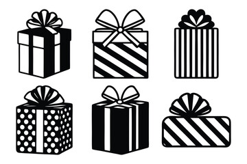 Gift box icon silhouette set. Gift wrapping symbol. Surprising gift box signs with white background