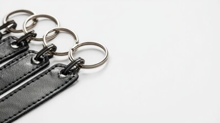 Group of keys with black leather tag on white background.