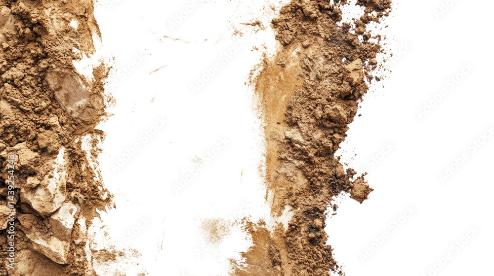 Poster eroded earth borders seamless void, showcasing fragmented soil textures against transparent field