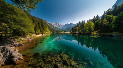 Colorful summer view of Fusine lake. Bright morning scene of Julian Alps with Mangart peak on background, Province of Udine, Italy, Europe. Traveling concept background