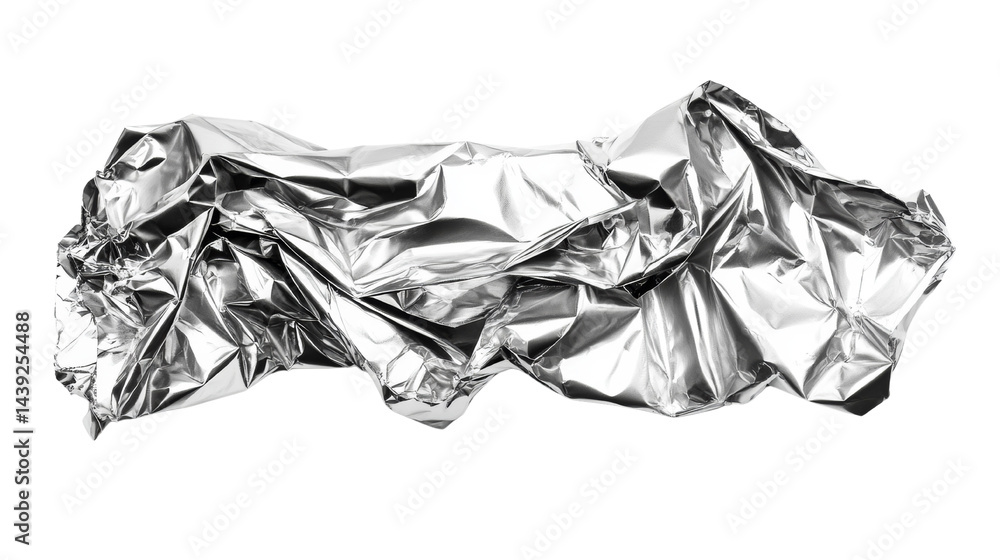 Poster abstract composition featuring crumpled metallic foil, illuminated by bright, reflective light and i