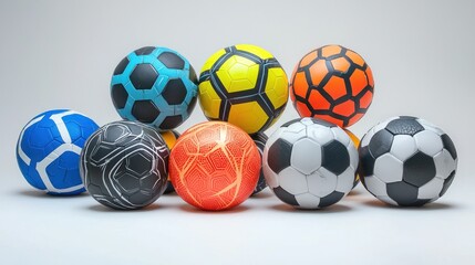 Group of lightweight training soccer balls on white surface.