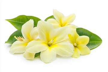 Naklejka premium Beautiful arrangement of yellow hibiscus flowers with lush green leaves on a white background