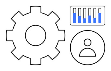 Gear icon symbolizing settings, user profile representing individuality, and bar graph showcasing metrics. Ideal for technology, business, analytics, UX, optimization, education simple landing page