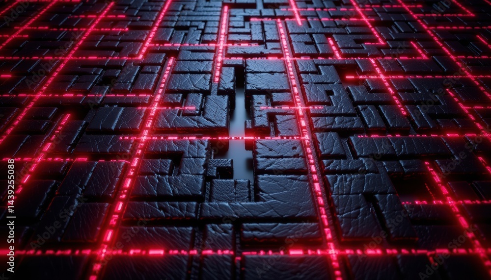 Poster futuristic maze with red glowing lines on dark surface.