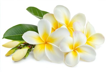 Beautiful plumeria flowers arranged artistically on a white background, showcasing vibrant colors