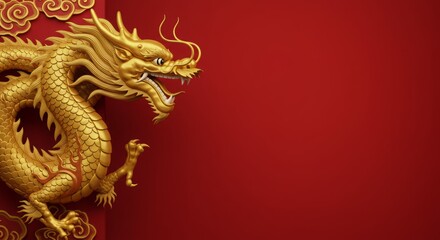 Fototapeta premium Majestic golden Chinese dragon on red background symbolizes good fortune