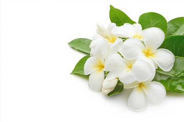 Obraz premium Beautiful white plumeria flowers arranged with green leaves on a clean background