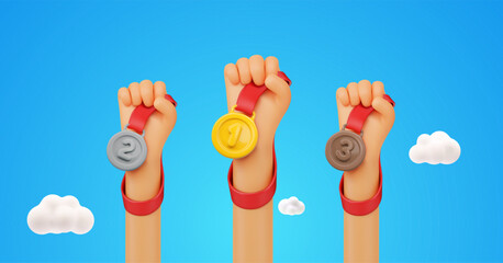 Winner Hands Holding Gold, Silver, Bronze Medals with Red Ribbons on Blue Sky Background, Victory and Achievement Concept, 3D Cartoon Style Illustration. Vector Illustration.
