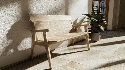 Modern wooden bench in a bright indoor space with natural light and decorative plant nearby