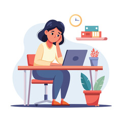 Bored woman sitting at desk. Tired sad office worker. Procrastination, burnout and boredom concept. Depressed upset exhausted lazy student. Flat vector illustration isolated on white background