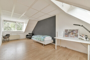 A bright and airy modern minimalist room featuring a bed, desk, and large windows, emphasizing...