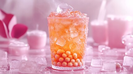 **Taiwanese Bubble Milk Tea With Tapioca Pearls In A Transparent Cup, Ice Cubes Floating, Styled For Trendy Drink Shop Banner --Ar 16:9 --S 300** - @Darya (Relaxed)