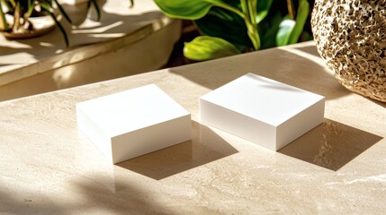 Two Minimalist White Blocks on Natural Stone Surface Surrounded by Lush Green Plants in Bright Light