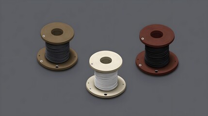 Artistic display of vintage wooden spools in minimalist design studio setting flat lay perspective