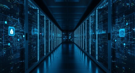 Fototapeta premium Modern server room data center with security and digital network