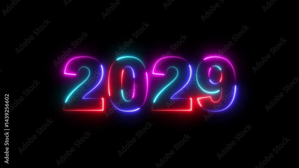 Poster 2029 neon line text. abstract 2029 neon text animation, glowing neon number text background. four co