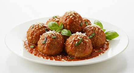 meatballs with tomato sauce and basil leaf