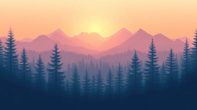 Illustration of misty mountains and pine trees at sunset. Perfect background for quotes, travel, and inspirational posters. - Powered by Adobe