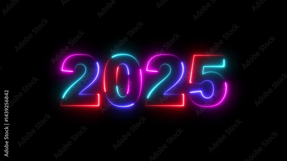 Poster 2025 neon line text. abstract 2025 neon text animation, glowing neon number text background. four co