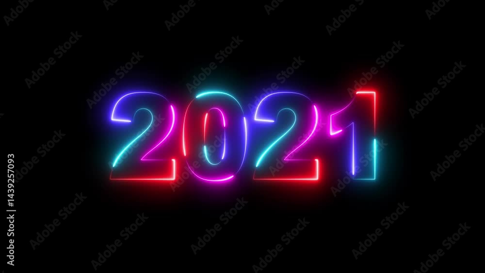 Poster 2021 neon line text. abstract 2021 neon text animation, glowing neon number text background. four co