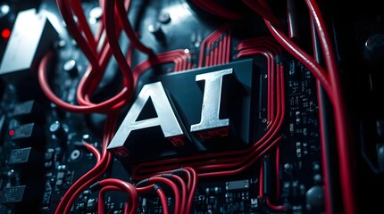 A AI MOTHER BOARD ,A highly detailed, close-up photograph of a computer motherboard, featuring vibrant red and blue wires and components, set against a sleek, high-tech background. 