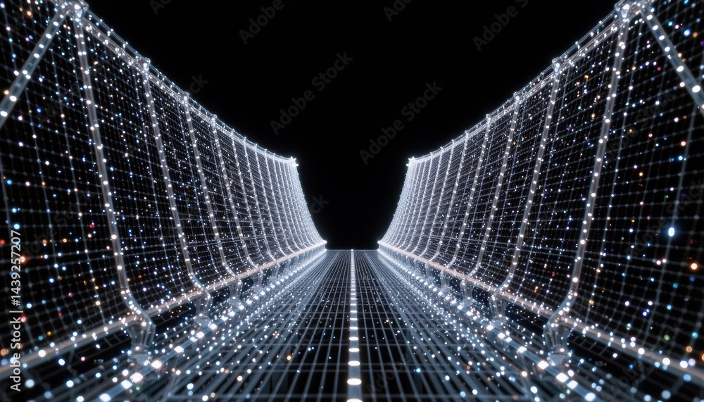 Poster illuminated grid structure on a dark background.