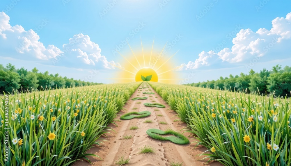 Poster vibrant landscape with a sunlit path through fields.