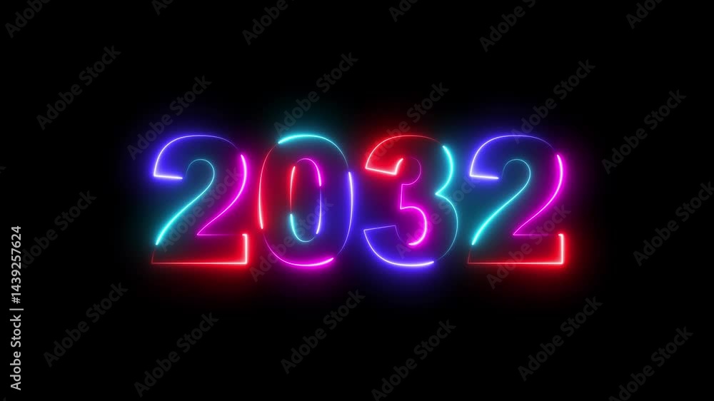 Poster 2032 neon line text. abstract 2032 neon text animation, glowing neon number text background. four co